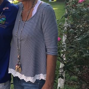 buttons Navy & White Stripe Top w Lace Trim